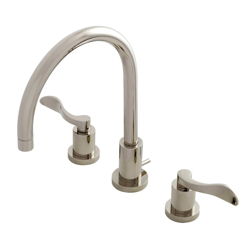 NuWave Two-Handle 3-Hole Deck Mount Widespread Bathroom Faucet with Brass Pop-Up
