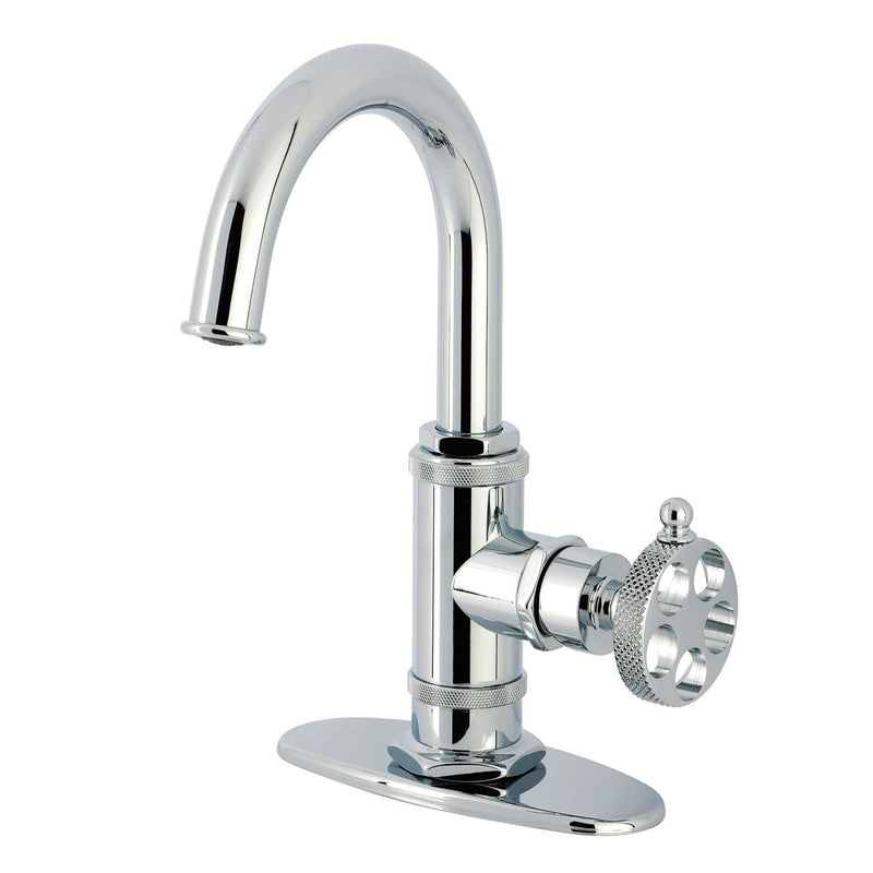 Webb One-Handle 1-Hole Bathroom Faucet with Knurled Handle, Deck Plate, and Push Pop-Up Drain