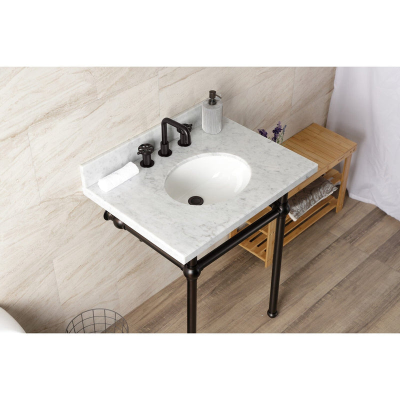 Templeton 30-Inch Carrara Marble Console Sink with Brass Legs (8-Inch, 3-Hole)