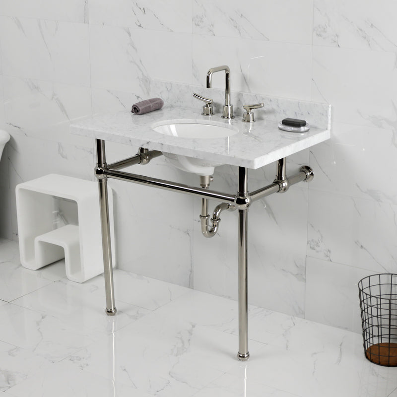 Templeton 36-Inch Carrara Marble Console Sink with Brass Legs (8-Inch, 3-Hole)