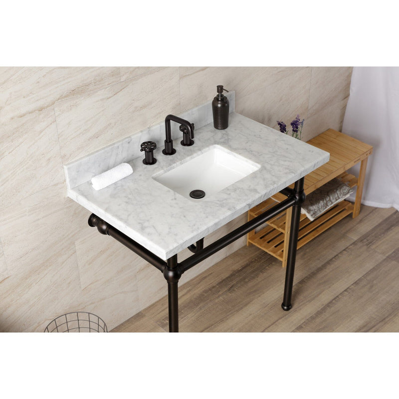 Templeton 36-Inch Carrara Marble Console Sink with Brass Legs (8-Inch, 3-Hole)