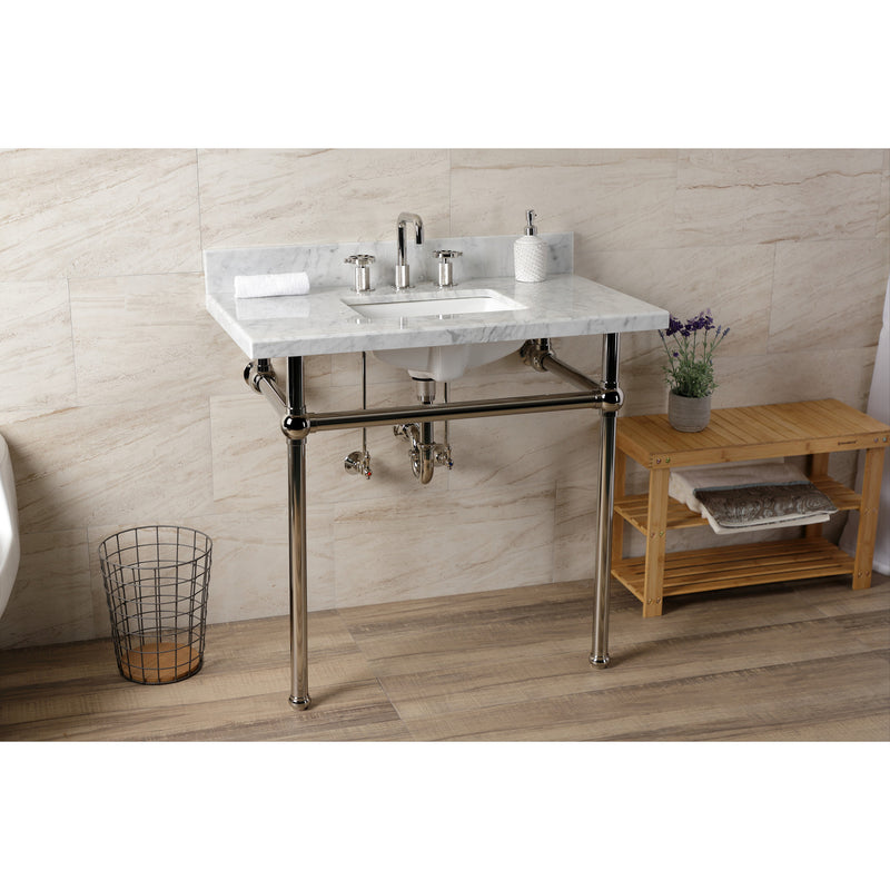 Templeton 36-Inch Carrara Marble Console Sink with Brass Legs (8-Inch, 3-Hole)