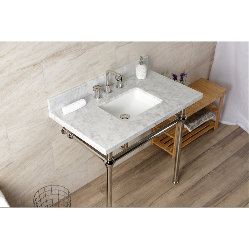 Templeton 36-Inch Carrara Marble Console Sink with Brass Legs (8-Inch, 3-Hole)
