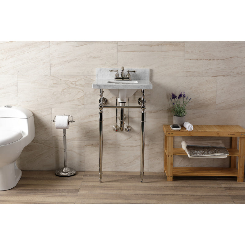 Edwardian 19-Inch Carrara Marble Console Sink with Brass Legs (4-Inch, 3-Hole)