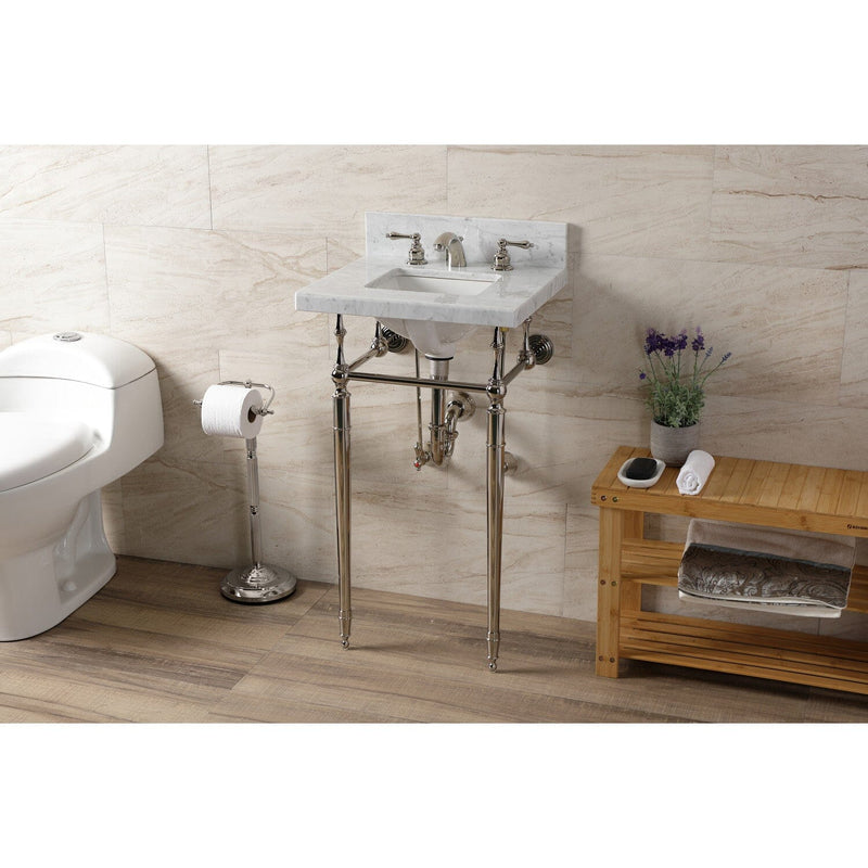 Edwardian 19-Inch Carrara Marble Console Sink with Brass Legs (8-Inch, 3-Hole)