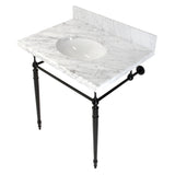 Edwardian 30-Inch Carrara Marble Console Sink with Brass Legs (8-Inch, 3-Hole)