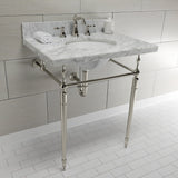 Edwardian 30-Inch Carrara Marble Console Sink with Brass Legs (8-Inch, 3-Hole)