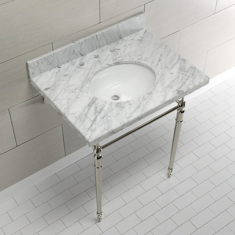 Edwardian 30-Inch Carrara Marble Console Sink with Brass Legs (8-Inch, 3-Hole)