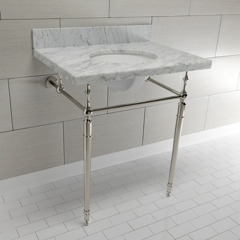 Edwardian 30-Inch Carrara Marble Console Sink with Brass Legs (8-Inch, 3-Hole)