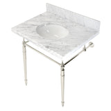Edwardian 30-Inch Carrara Marble Console Sink with Brass Legs (8-Inch, 3-Hole)