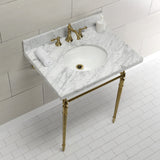 Edwardian 30-Inch Carrara Marble Console Sink with Brass Legs (8-Inch, 3-Hole)