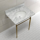 Edwardian 30-Inch Carrara Marble Console Sink with Brass Legs (8-Inch, 3-Hole)