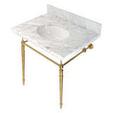 Edwardian 30-Inch Carrara Marble Console Sink with Brass Legs (8-Inch, 3-Hole)