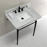 Edwardian 30-Inch Carrara Marble Console Sink with Brass Legs (8-Inch, 3-Hole)