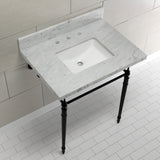 Edwardian 30-Inch Carrara Marble Console Sink with Brass Legs (8-Inch, 3-Hole)