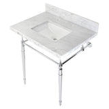 Edwardian 30-Inch Carrara Marble Console Sink with Brass Legs (8-Inch, 3-Hole)