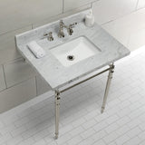 Edwardian 30-Inch Carrara Marble Console Sink with Brass Legs (8-Inch, 3-Hole)