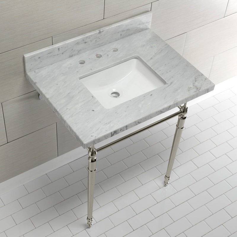 Edwardian 30-Inch Carrara Marble Console Sink with Brass Legs (8-Inch, 3-Hole)