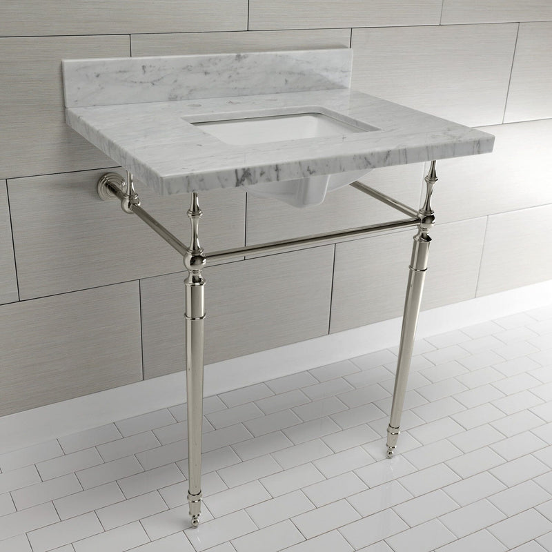 Edwardian 30-Inch Carrara Marble Console Sink with Brass Legs (8-Inch, 3-Hole)