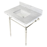 Edwardian 30-Inch Carrara Marble Console Sink with Brass Legs (8-Inch, 3-Hole)