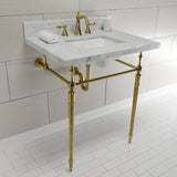 Edwardian 30-Inch Carrara Marble Console Sink with Brass Legs (8-Inch, 3-Hole)