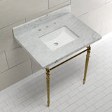 Edwardian 30-Inch Carrara Marble Console Sink with Brass Legs (8-Inch, 3-Hole)