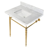 Edwardian 30-Inch Carrara Marble Console Sink with Brass Legs (8-Inch, 3-Hole)