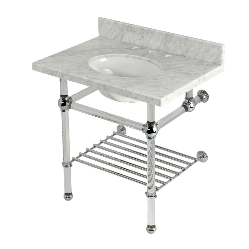 Templeton 30-Inch Carrara Marble Console Sink with Acrylic Legs and Shelf (8-Inch, 3-Hole)