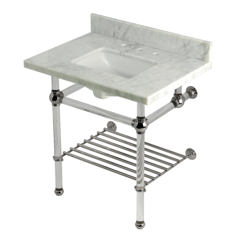 Templeton 30-Inch Carrara Marble Console Sink with Acrylic Legs and Shelf (8-Inch, 3-Hole)