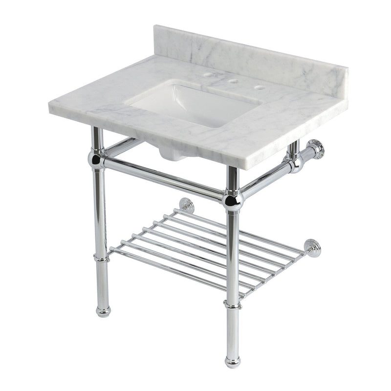 Templeton 30-Inch Carrara Marble Console Sink with Brass Legs and Shelf (8-Inch, 3-Hole)