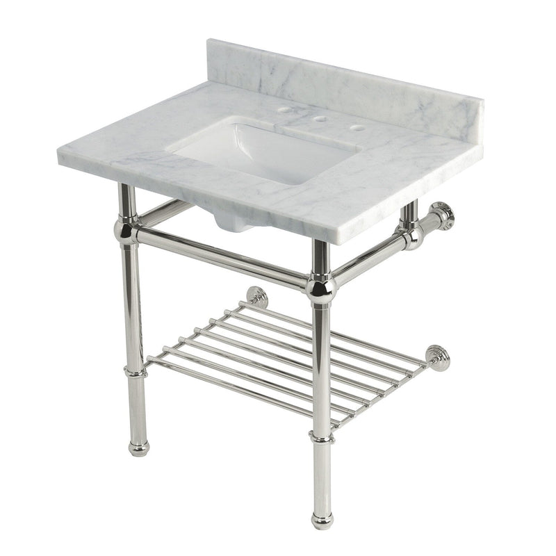 Templeton 30-Inch Carrara Marble Console Sink with Brass Legs and Shelf (8-Inch, 3-Hole)