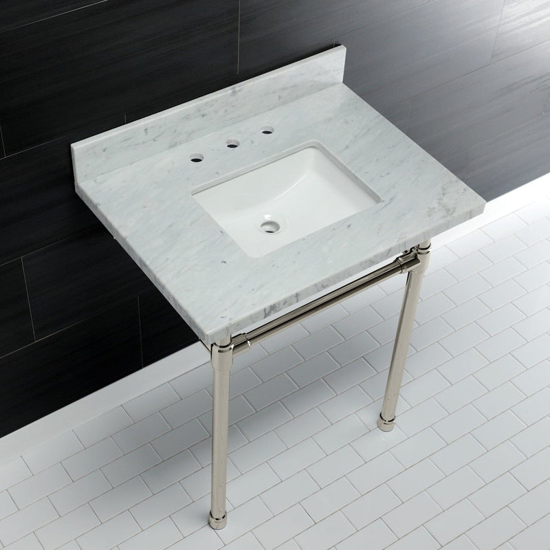 Dreyfuss 30-Inch Carrara Marble Vanity Top with Stainless Steel Legs (8-Inch, 3-Hole)