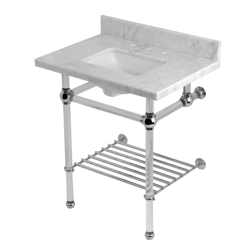 Templeton 30-Inch Carrara Marble Console Sink with Acrylic Legs and Shelf (8-Inch, 3-Hole)
