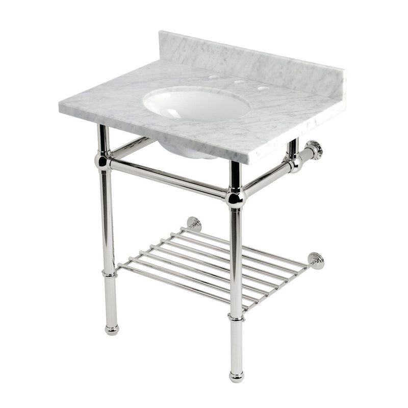 Templeton 30-Inch Carrara Marble Console Sink with Brass Legs and Shelf (8-Inch, 3-Hole)