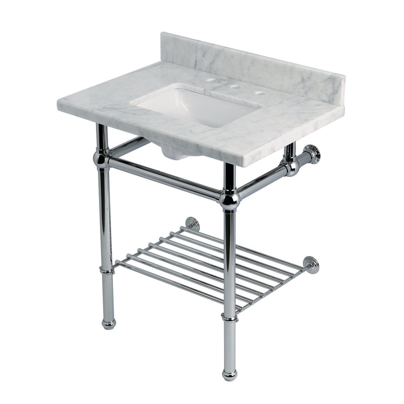 Templeton 30-Inch Carrara Marble Console Sink with Brass Legs and Shelf (8-Inch, 3-Hole)