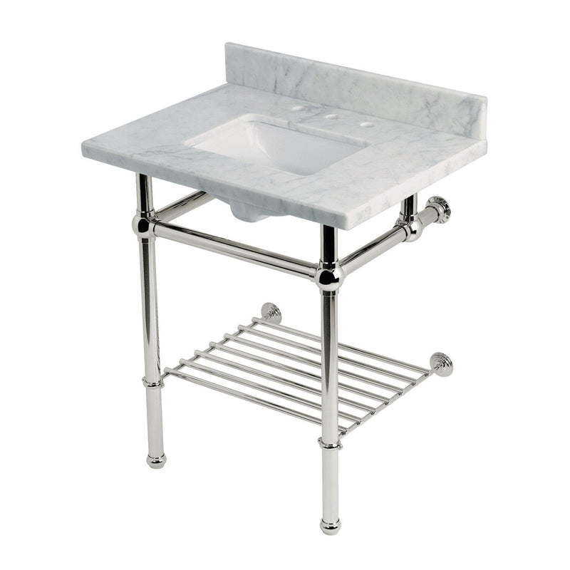 Templeton 30-Inch Carrara Marble Console Sink with Brass Legs and Shelf (8-Inch, 3-Hole)