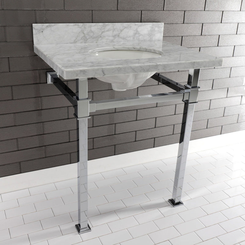 Monarch 30-Inch Carrara Marble Console Sink with Stainless Steel Legs (8-Inch, 3-Hole)