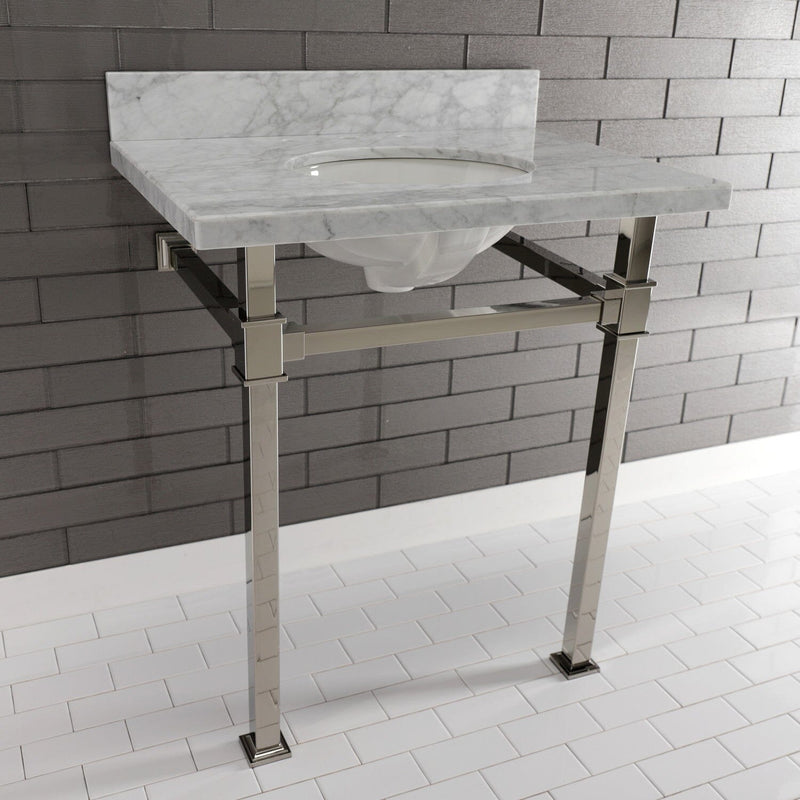 Monarch 30-Inch Carrara Marble Console Sink with Stainless Steel Legs (8-Inch, 3-Hole)