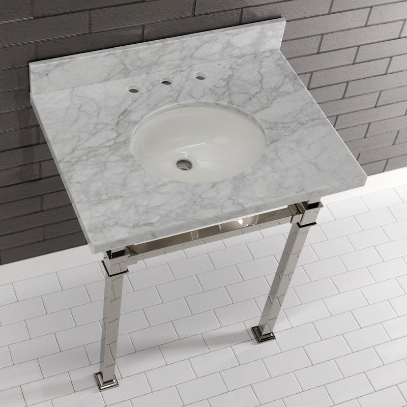 Monarch 30-Inch Carrara Marble Console Sink with Stainless Steel Legs (8-Inch, 3-Hole)
