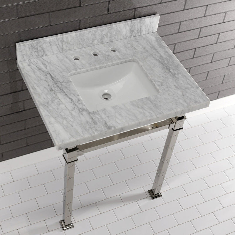 Monarch 30-Inch Carrara Marble Console Sink with Stainless Steel Legs (8-Inch, 3-Hole)