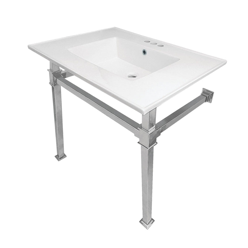 Monarch 31-Inch Ceramic Console Sink with Stainless Steel Legs (4-Inch, 3-Hole)