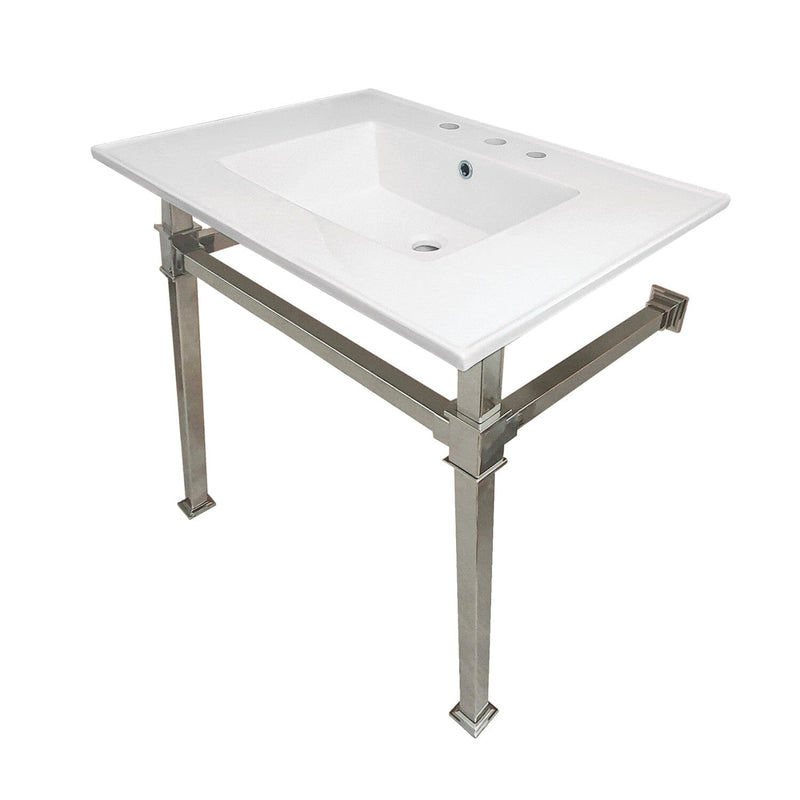Monarch 31-Inch Ceramic Console Sink with Stainless Steel Legs (8-Inch, 3-Hole)