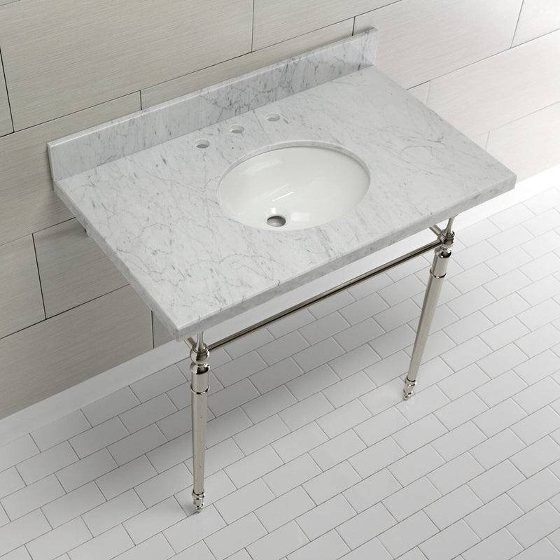 Edwardian 36-Inch Carrara Marble Console Sink with Brass Legs (8-Inch, 3-Hole)