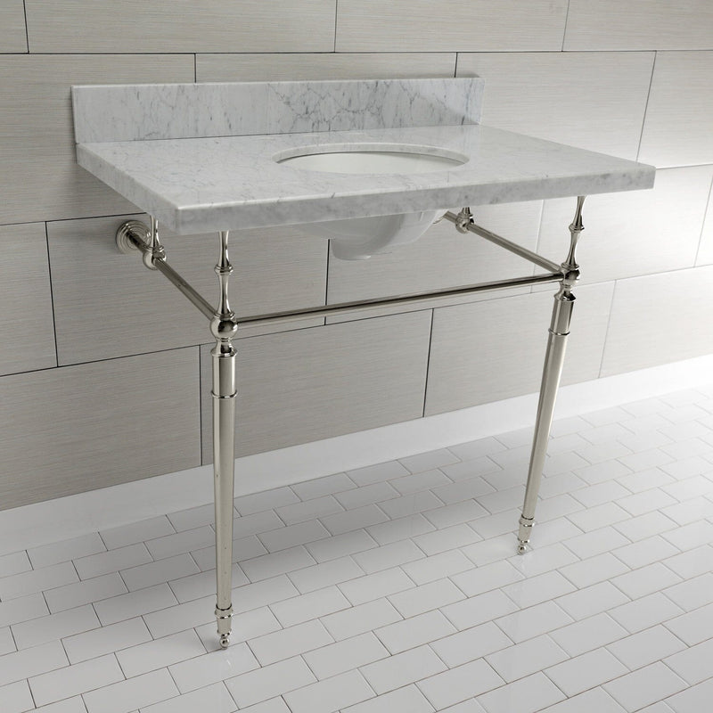 Edwardian 36-Inch Carrara Marble Console Sink with Brass Legs (8-Inch, 3-Hole)