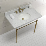 Edwardian 36-Inch Carrara Marble Console Sink with Brass Legs (8-Inch, 3-Hole)