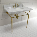 Edwardian 36-Inch Carrara Marble Console Sink with Brass Legs (8-Inch, 3-Hole)
