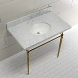 Edwardian 36-Inch Carrara Marble Console Sink with Brass Legs (8-Inch, 3-Hole)