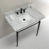 Edwardian 36-Inch Carrara Marble Console Sink with Brass Legs (8-Inch, 3-Hole)