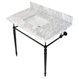 Edwardian 36-Inch Carrara Marble Console Sink with Brass Legs (8-Inch, 3-Hole)