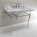 Edwardian 36-Inch Carrara Marble Console Sink with Brass Legs (8-Inch, 3-Hole)